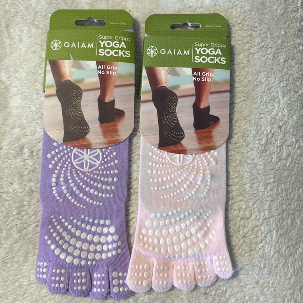 Gaiam yoga socks, two pairs pink and light purple
